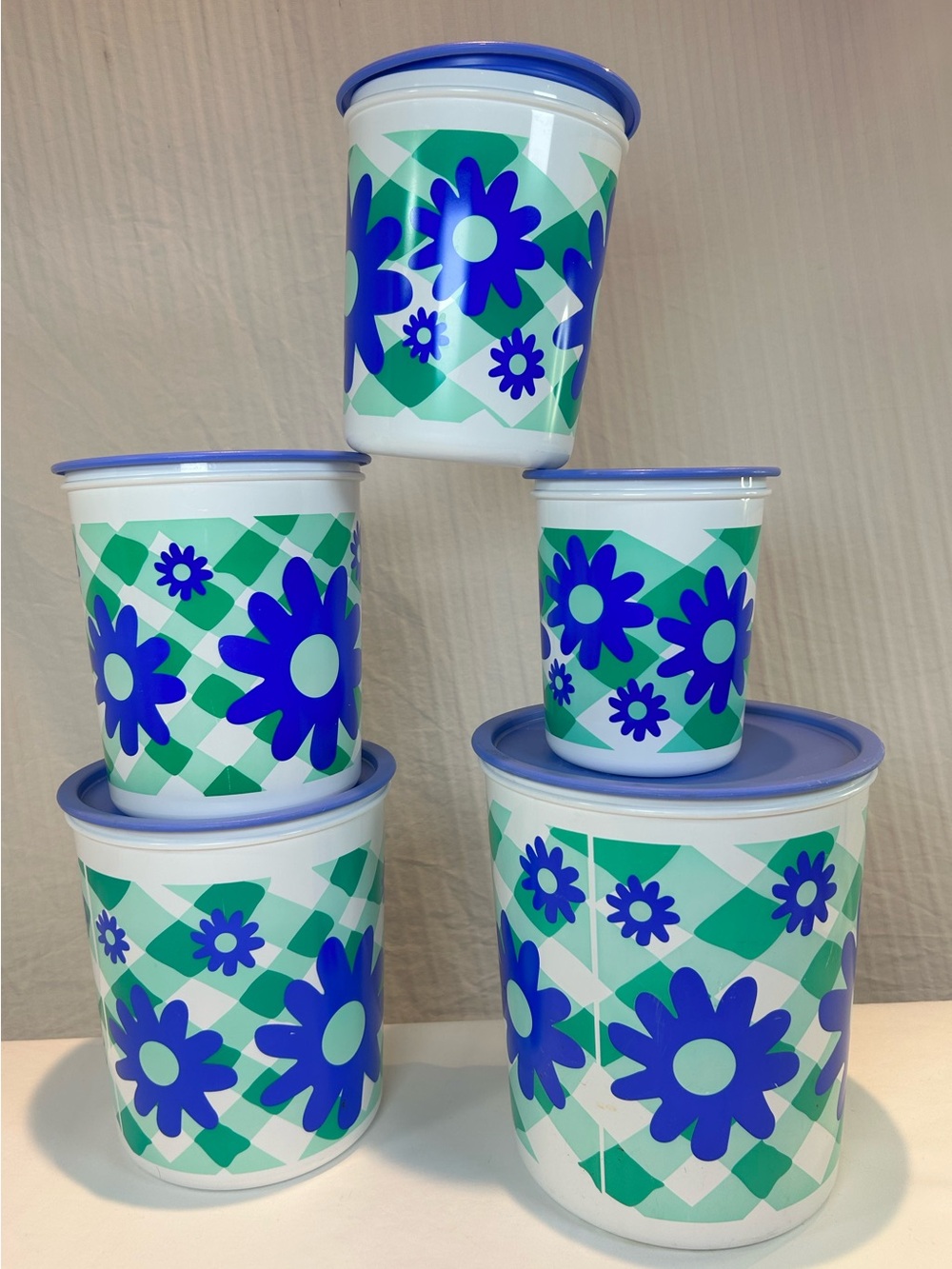 Tupperware “Flower Power” Blue & Green Design Stackable 5 Canister Set with Lids